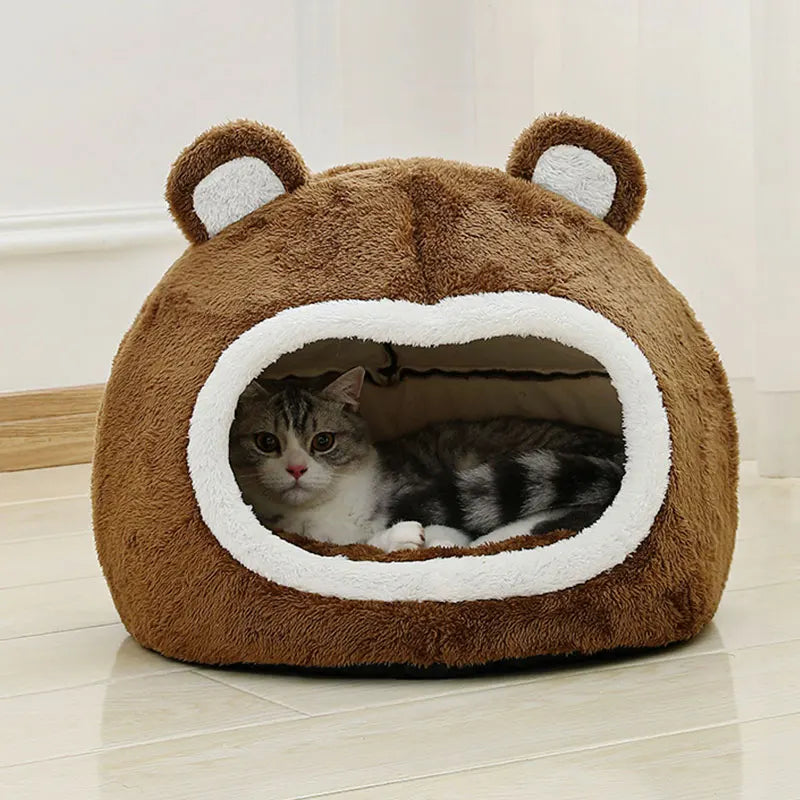 Bear-Shaped Plush Bed for Cats and Small Dogs