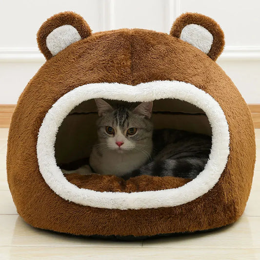 Bear-Shaped Plush Bed for Cats and Small Dogs